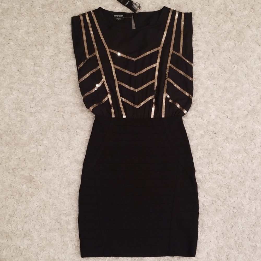 Bebe Black Gold Sequin Dress